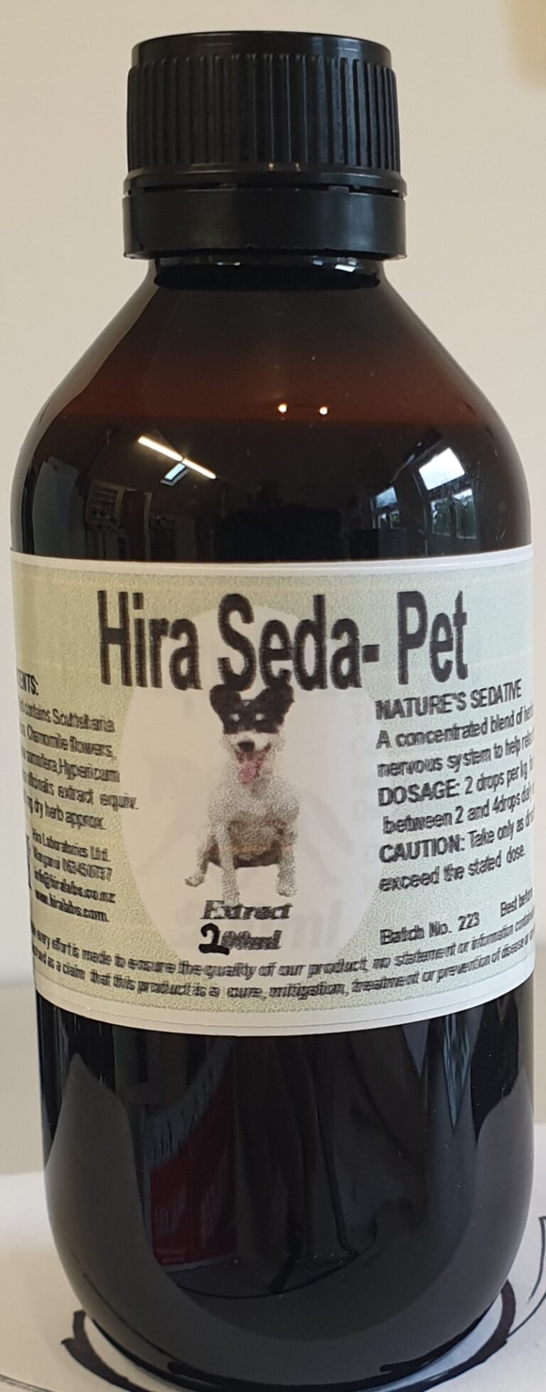 An amber bottle contains 200ml formulated herbal calming supplement